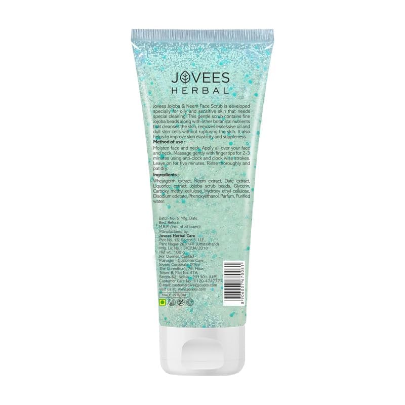 Jovees Herbal Jojoba And Neem Face Scrub For Oily Sensitive Skin 100g Gentle Exfoliator Deep Cleansing Restores Suppleness Alcohol Free Paraben Free