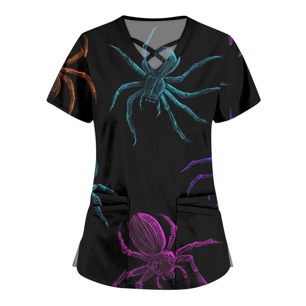 Women's Fashion Cross V Neck Short Sleeve Overalls Double Pockets Halloween Printed Tops Uniforms