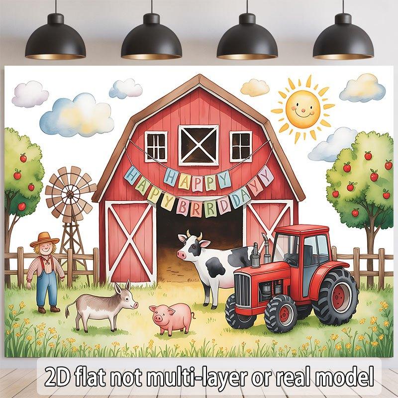 Party Backdrop Red Farm Flat Barn Tractor Animals Farmer Rustic Scene Celebration Photo Booth Front Door Decor