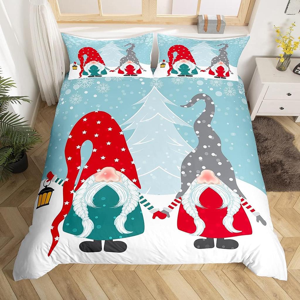 Christmas Gnomes Duvet Cover Winter Snow Holiday Style Santa Claus Xmas Comforter Cover Merry Christmas Bedding Set Twin Queen