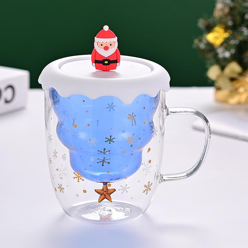 Double Layer Insulated Christmas Cup with Lid Coffee Cup High Borosilicate Glass Cup Wholesale with Handle Glass Decorative Cup