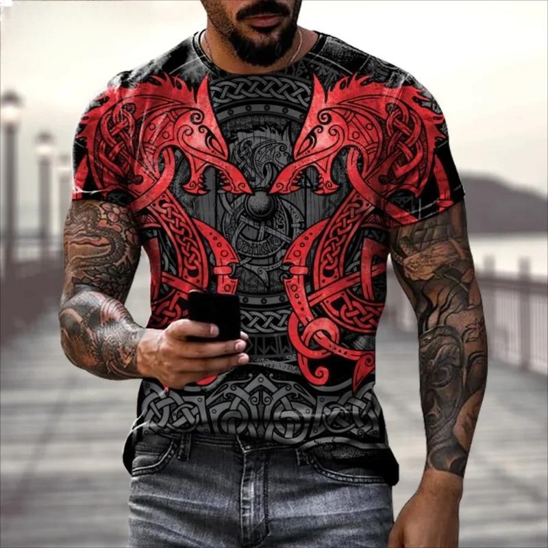 Europe and the United States Selling Viking Tattoo Art T-shirt Men's 3D Printed Round Neck T-shirt Summer Casual Sports Short Sl