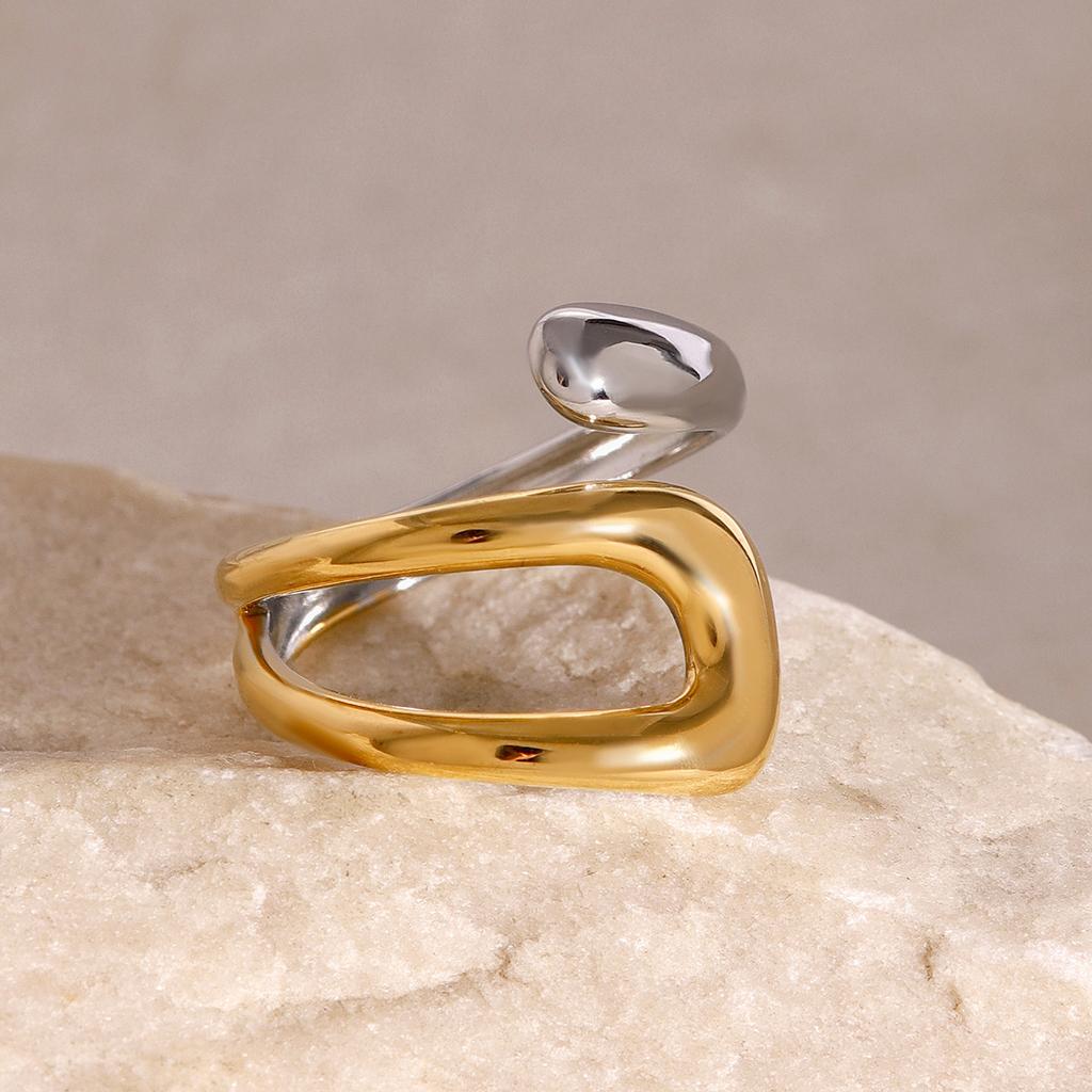 Yori Stainless Steel Natural Stone Turquoise Hyperbolic Ring Women Bohemian Golden Personality Waterproof Jewelry