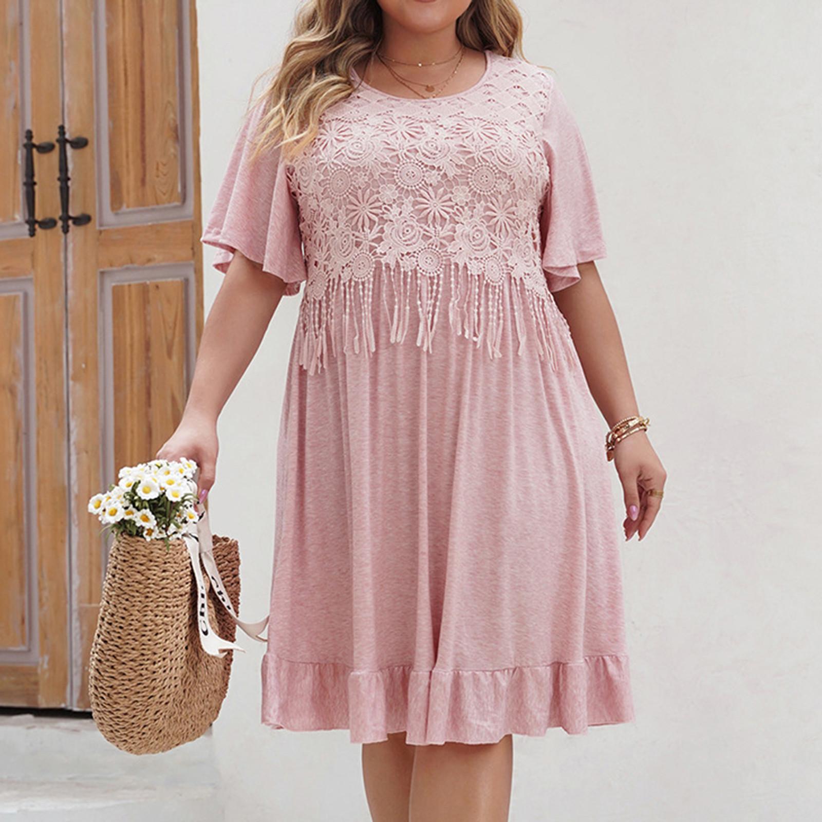 

Женские платья большого размера с коротким рукавом и кисточками, однотонные, с круглым вырезом XXXXL