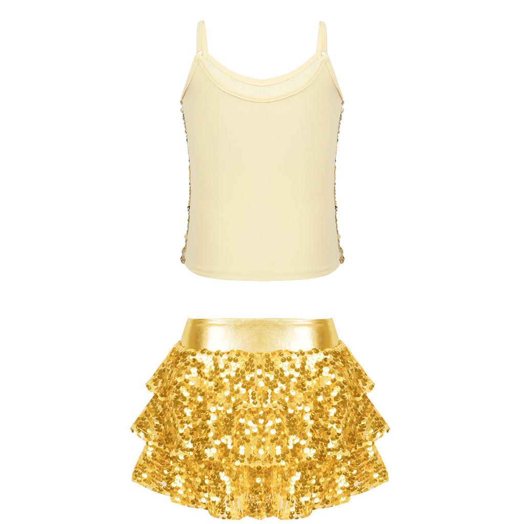 Girls Shiny Sequins Camisole Top Adjustable Straps Tiered Ruffle Skirted Shorts Culottes Dance Outfit