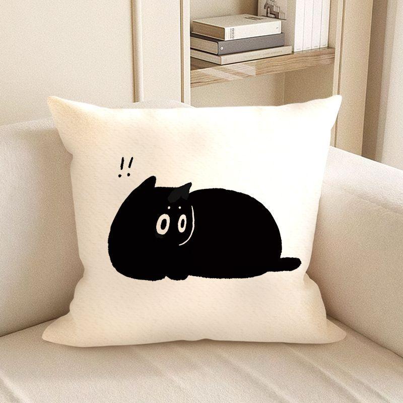 Cute Black Cat Cartoon Throw Pillow Cover - Minimalist Animal Home Decor