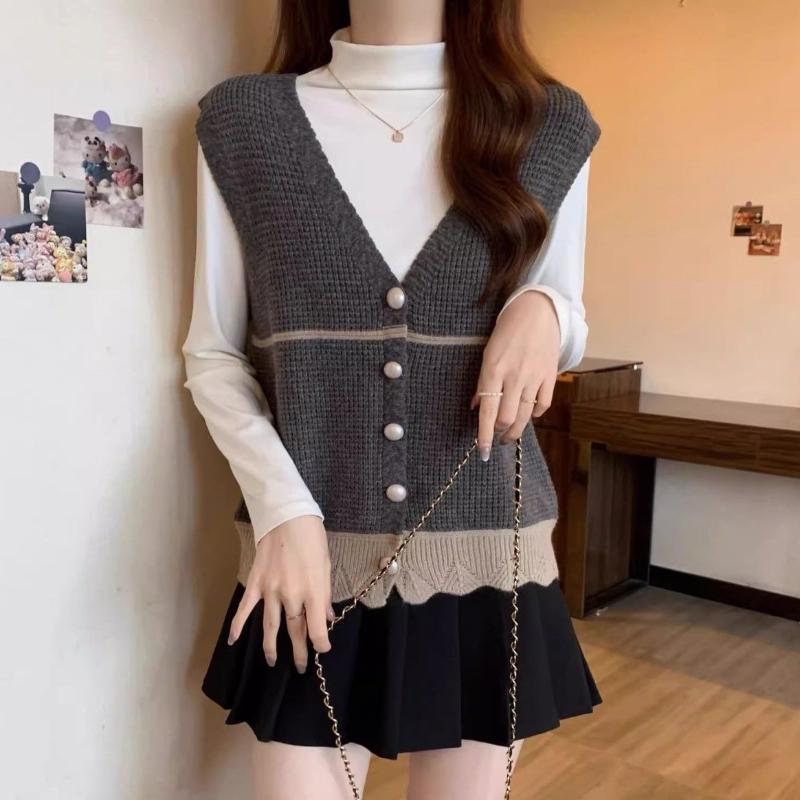 Women's Knitted Vest Gilet Korean Style Loose V Neck Outerwear Sweater Waistcoat for Spring Autumn Winter