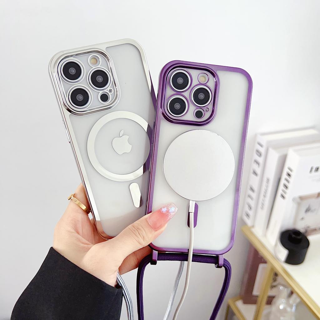 Etui na iPhone 16 Pro Max Kompatybilne z MagSafe Elektroplaterowany TPU Ochraniacz na Telefon z Długą Smyczą