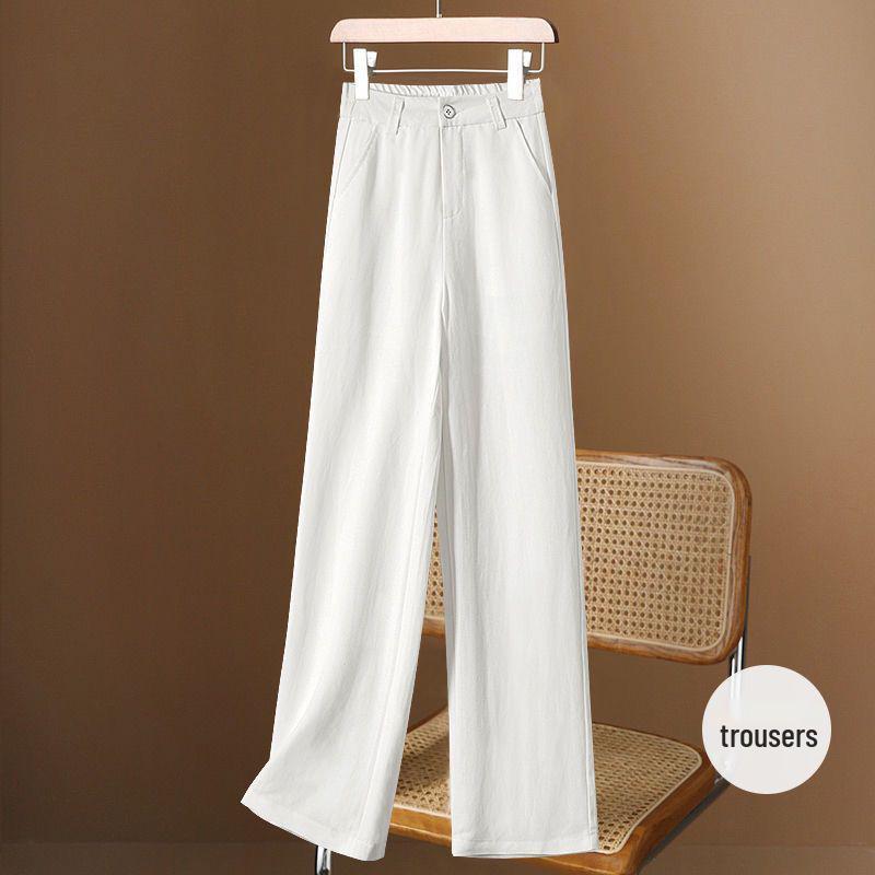 Women's Cotton Linen Wide-Leg High-Waisted Pants - Summer Loose Casual Straight-Leg Long Pants