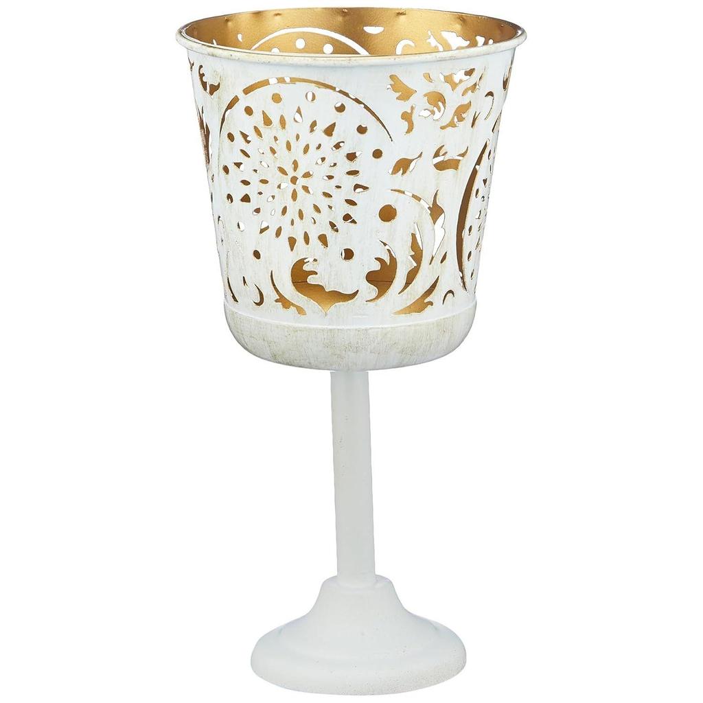Ornamental Iron Tea Light | Stylish | for Indoors & Outdoors Décor (White with Gold Texture)