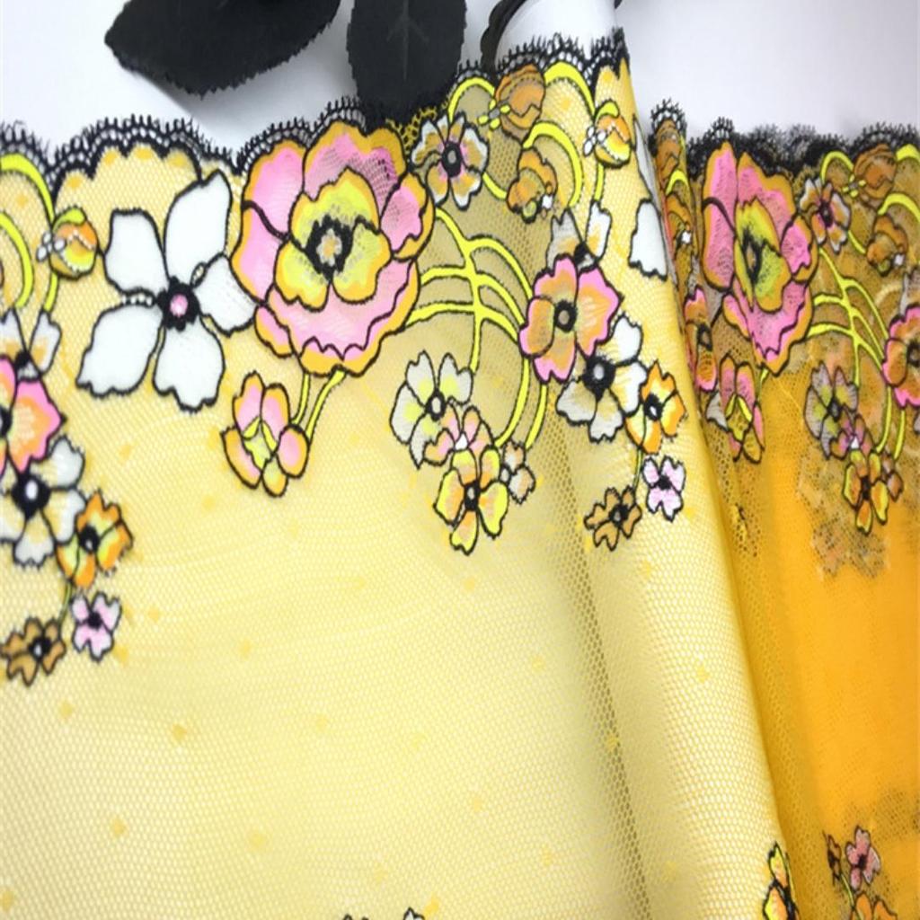 23cm wide Elastic Lace, Multicolor floral Stretch Spandex Lace with Yellow Mesh for Lingerie, Bra, Underwear, Sewing & Crafting