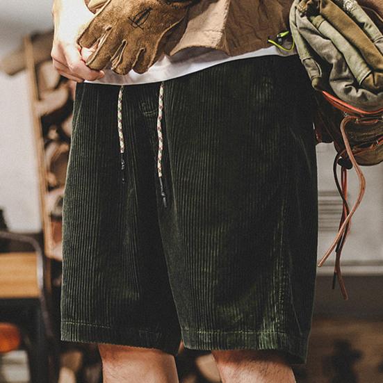 Men Shorts Elastic Waist Adjustable Casual Shorts Solid with Pockets Drawstring Color Wide Leg Corduroy Beach Shorts
