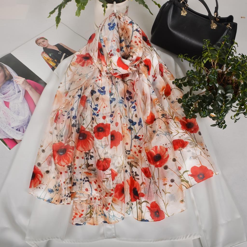 Ultralarge Spring Fall 100% Mulberry Silk Scarf Beach Wrap Brand Female Long Scarves New Red Floral Silk Scarf Shawl