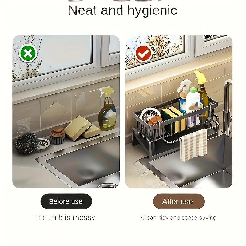 1 buc. Organizator elegant pentru chiuvetă de bucătărie cu raft de scurgere, suport pentru burete anticoroziv, bară pentru prosoape, raft de depozitare pentru organizarea băii și bucătăriei