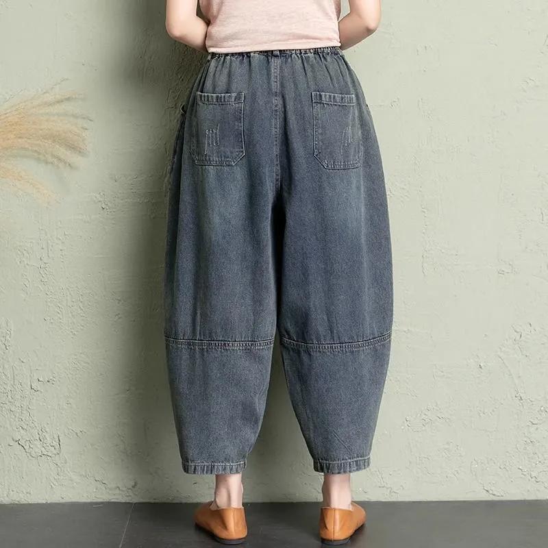 Pantaloni Denim Carota da Donna a Gamba Larga a Nove Punti Autunnali Taglia Plus Ampi Harem Pantaloni Versatili Sottili Letterari Pantaloni Daddy