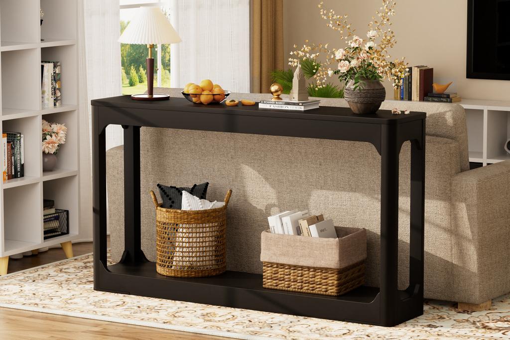 140cm Long, Curved Side Table with Storage, a Two-Tier Storage Table for Behind the Sofa, the Entrance Area, the Hallway and the Foyer. Black