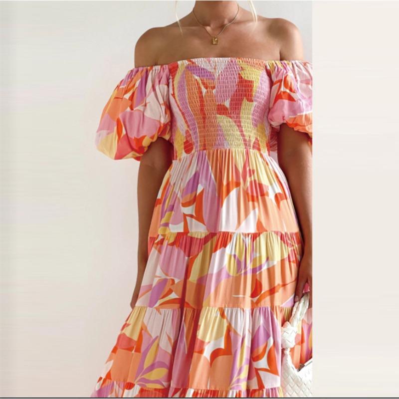 2 new women's bohemian print one-word shoulder holiday style sexy loose dress