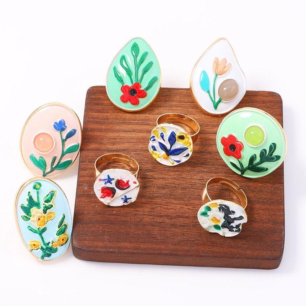 French Enamel Flower Ring Ethnic Style Glazed Ring Unique Vintage Ring Fashion
