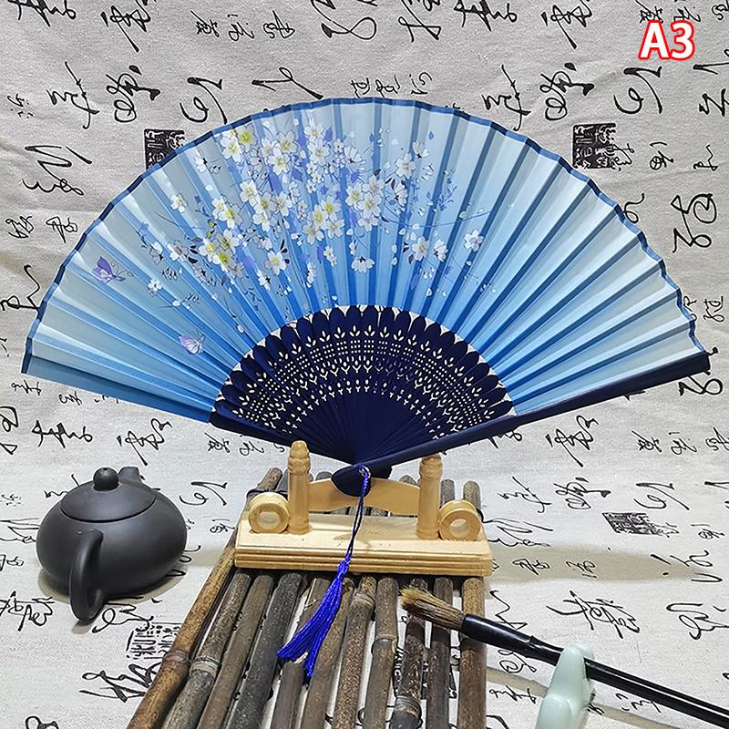 Vintage Chinese Style Folding Fan Bamboo Hand Fan Wooden Shank Classical Dance Fan With Tassel Elegent Female Fan Home Decor