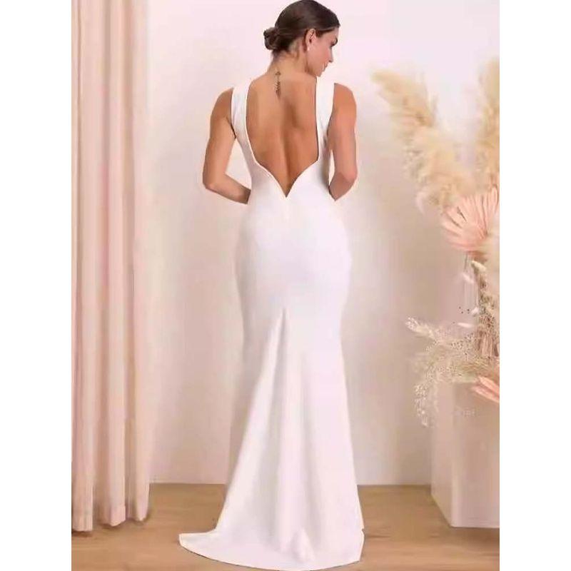 Foreign Trade Order Lu's New Simple Backless Sheath Fishtail White Light Wedding Dress Cocktail Party Formal Dress Dress