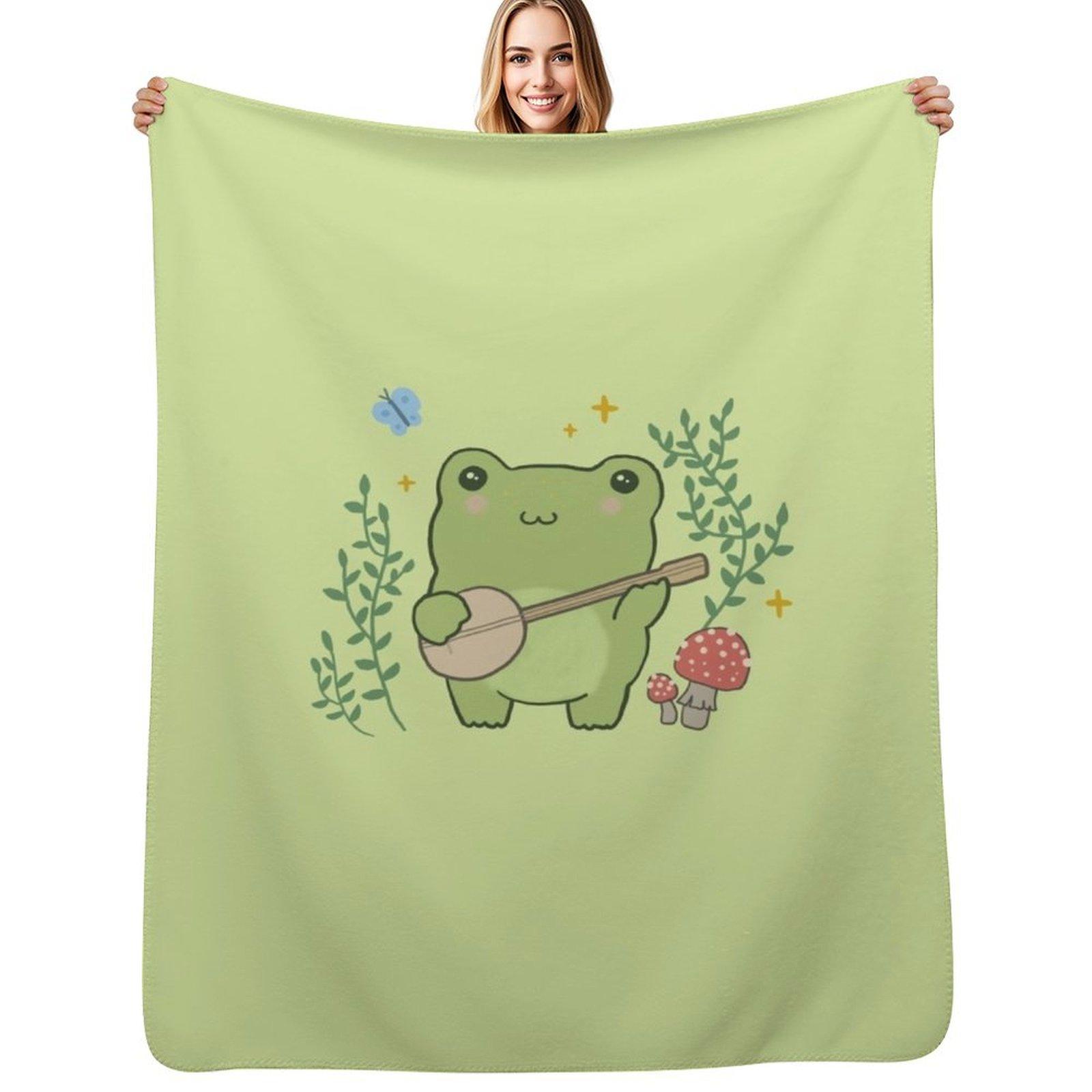 

Cute Kawaii Frog Playing Banjo Toad Plant Fungi Blue Butterfly Cottagecore Aesthetic Mushroom Chubby Phrog Throw Blanket 102x76cm(40x30in)