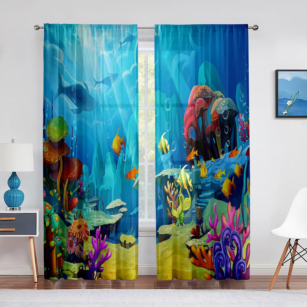 

Sea Turtle Sheer Tulle Curtain Ocean Underwater World Tropical Fish Coral Reef Sheer Voile Curtain for Bedroom Living Room Decor 1 PCS W100XH250cm&Rod Pocket
