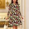Women Long Sleeve Round Neck Midi Dress Abstract Geometric Diamond Floral Print Flared Casual Dress