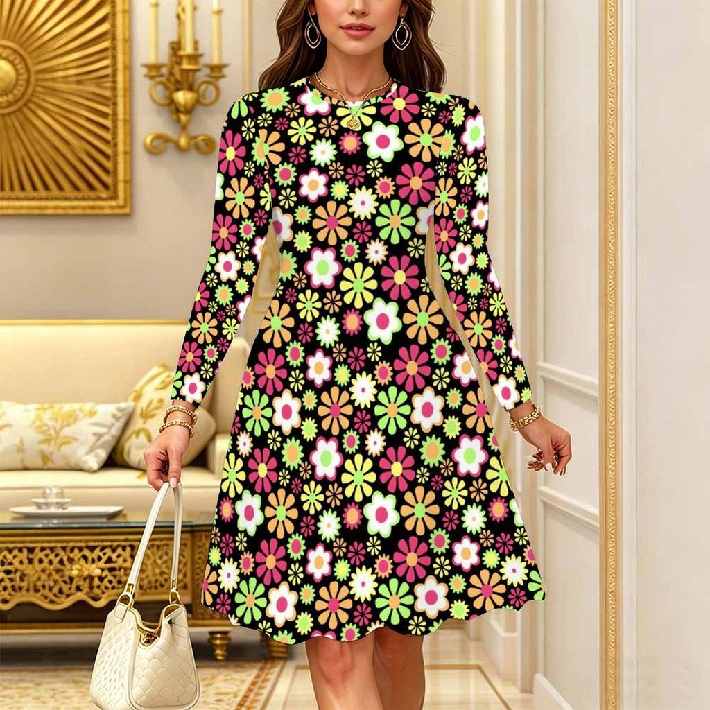 Women Long Sleeve Round Neck Midi Dress Abstract Geometric Diamond Floral Print Flared Casual Dress