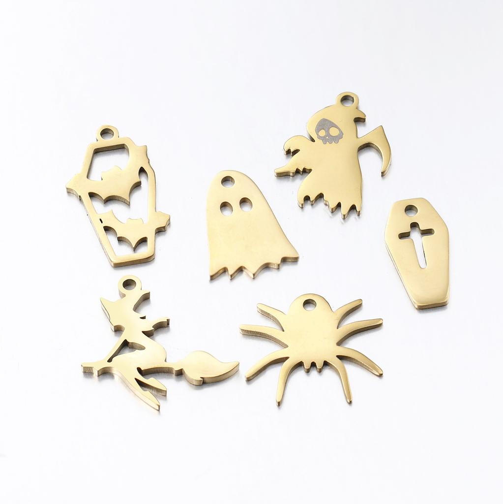 3PCs Stainless Steel Halloween Charms Ghost Bat Spider Witch Tombstone Metal Pendants For Diy Jewelry Making Finding Accessories