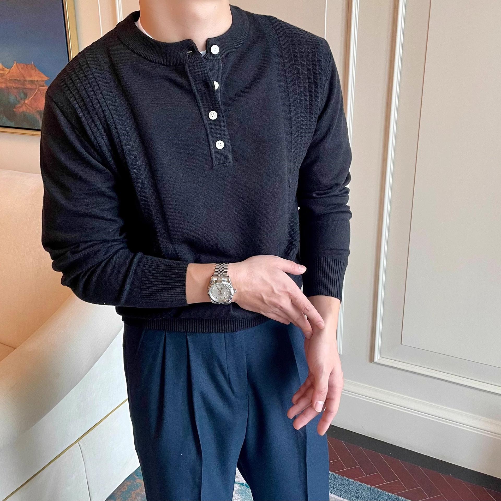 Men s Classic Henley Sweater: Solid Color Long Sleeve Knit Pullover for Autumn/Winter 3XL