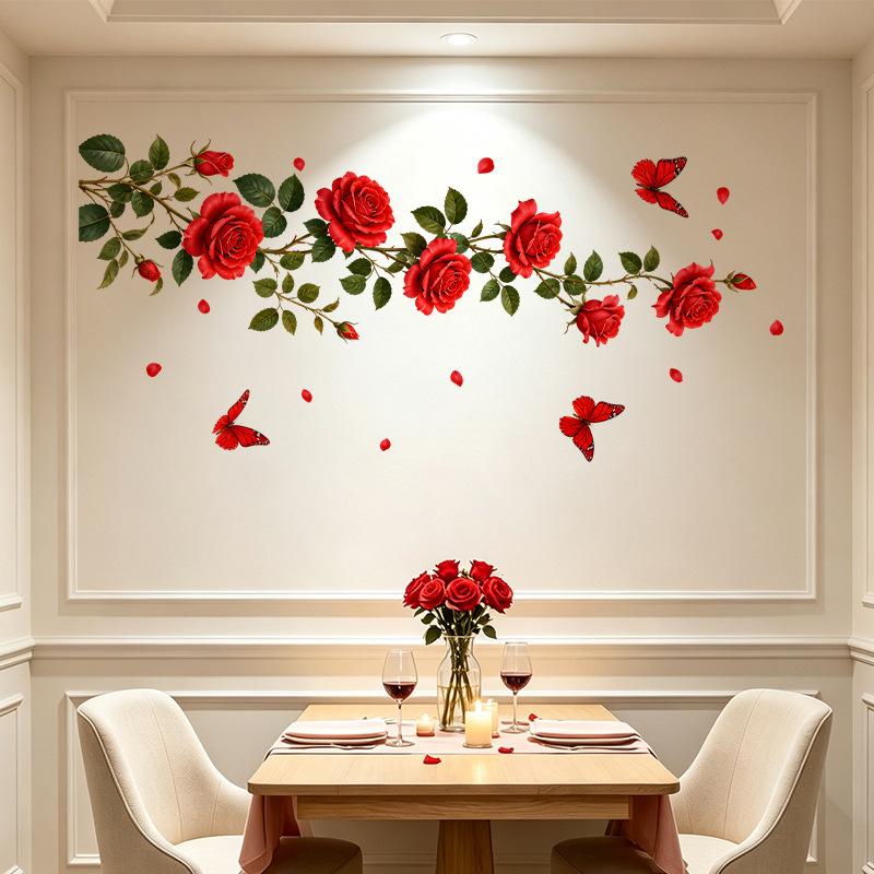 Valentine Rose Vine Butterfly Wall Sticker Self Adhesive Removable Red Flower Decal Living Room Bedroom Home Decor