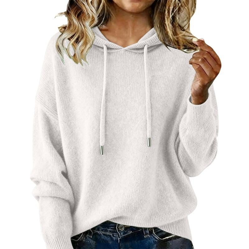 Women S Loose Fit Hooded Knit Pullover Sweater Long Sleeve Solid Color