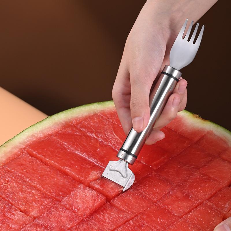 2-in-1 Stainless Steel Fruit Cutter Salad Fruit Slicer Cutter Tool Dual Head Watermelon Fork Cutter Kitchen Accessories Gadgets