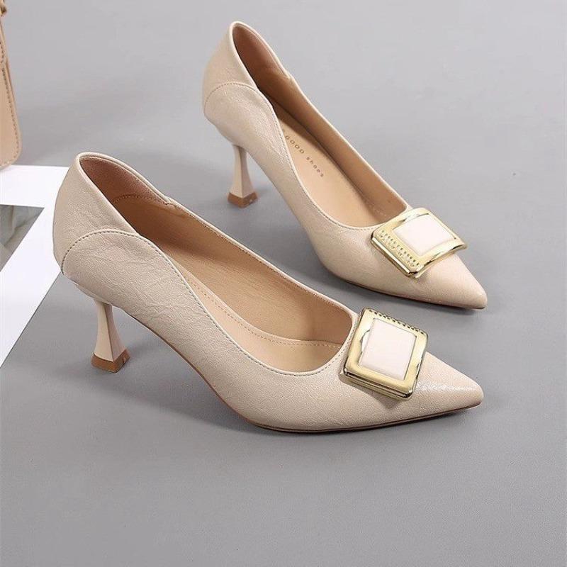 Square Buckle Black High Heels Women's Autumn New Thin Heels Niche Not Tired Feet Pointed Head Shallow Mouth Work Single Shoes Women
