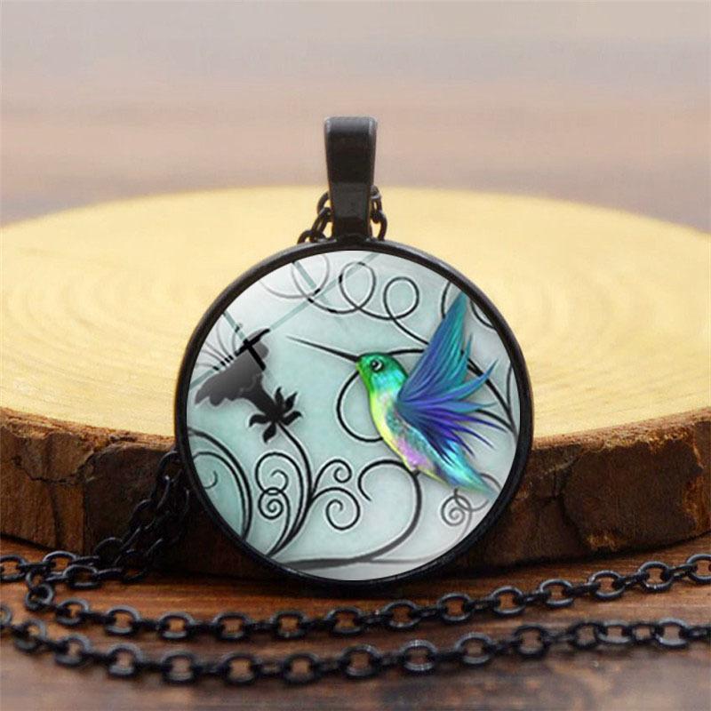 Blue Hummingbird Time Women's Versatile Decorative Glass Retro Jewelry Pendant Necklace