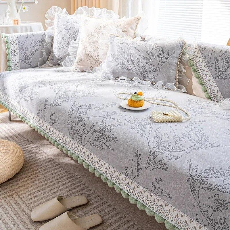 Ball Tassel Sofa Cushion Four Seasons Anti Slip Clean Seat Cushion Mat Plant Flower Light Green Color Daybed Cover Cloth Towel