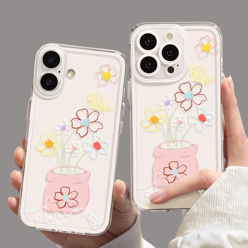 Oil Painting Vase for IPhone16 Creative 15 Transparent 14 Phone Case for IPhone13 Popular Protective Case 12