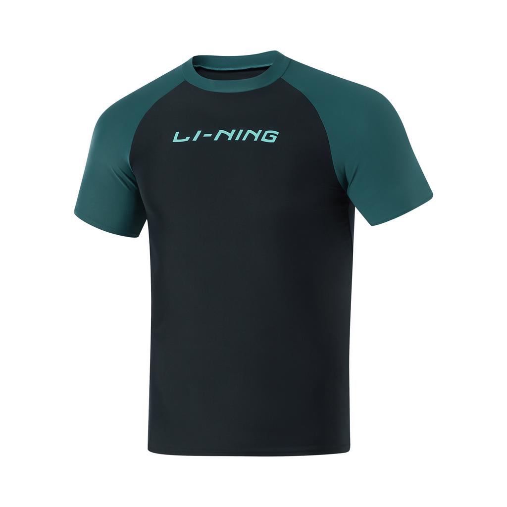 Li Ning Swimming Series Color Block Letter Round Neck Pullover Sports Long Sleeve Swimsuit Men Swimsuit Balsam-Green Black ASLT093-2