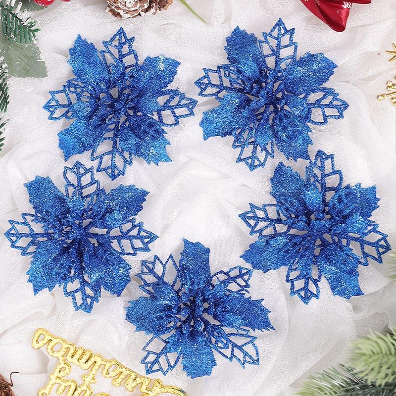 

5 шт./уп. Блестящие искусственные рождественские цветы Украшения для рождественской елки, венка Рождественская гирлянда Украшения Новый год 2026 Навидад 9cm синий