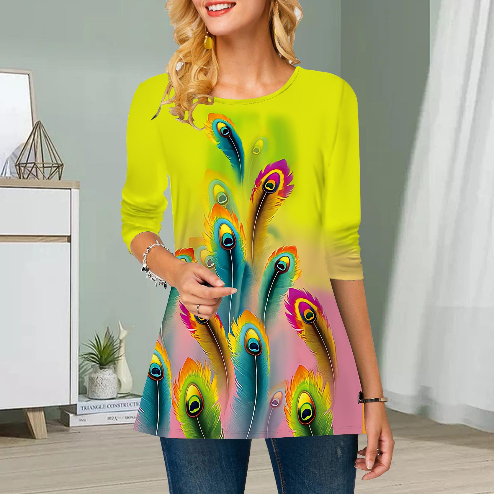 

Плюс Размер Женский Цветочный Павлиньи Перья Принт Круглый Вырез Повседневный Свободный Длинный Рукав Топ 8XL жёлтый