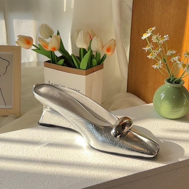 Designer Womens Shoes Summer Square Toe Slippers Metal Buckle Casual Banquet Party Mules Slides Comfortable Fashion