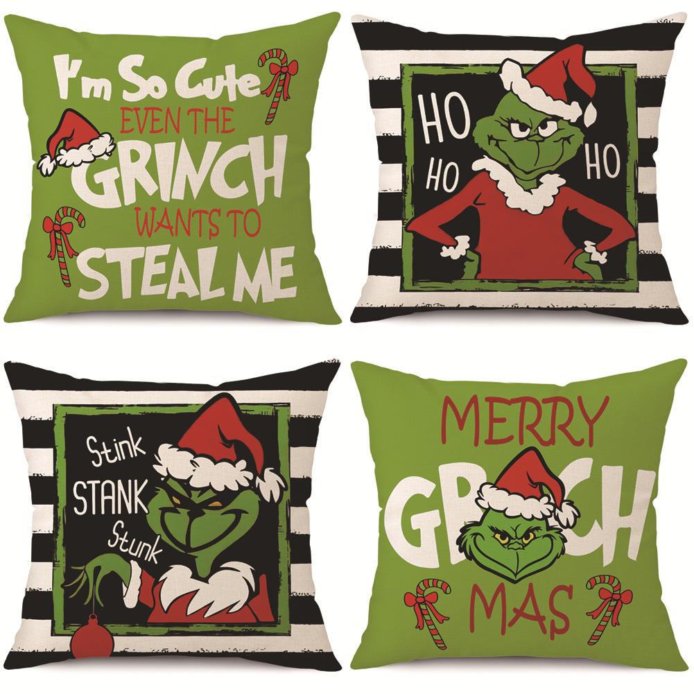 New Funny Designs and Popular Christmas Green Haired Weird Grinch Linen Pillowcase Living Room Bedroom Backrest Cover