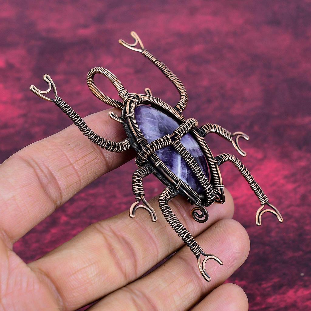 Chevron Amethyst Pendant Beetle Pendant Copper Wire Wrapped Gemstone Jewelry
