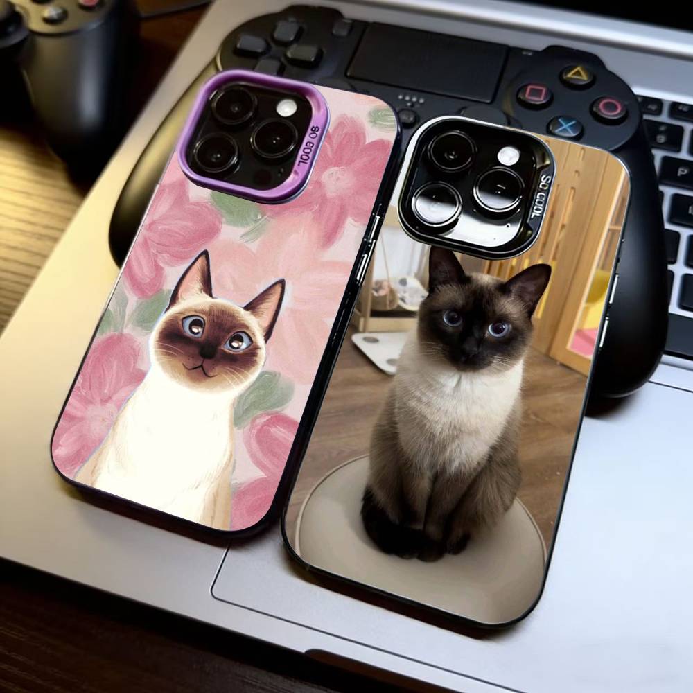 S-Siamese Cat Cute Phone Case For iPhone 17,16,15,14,13,12,11 Plus,Pro Max,XS,Colored Silver Plated Inside Cover