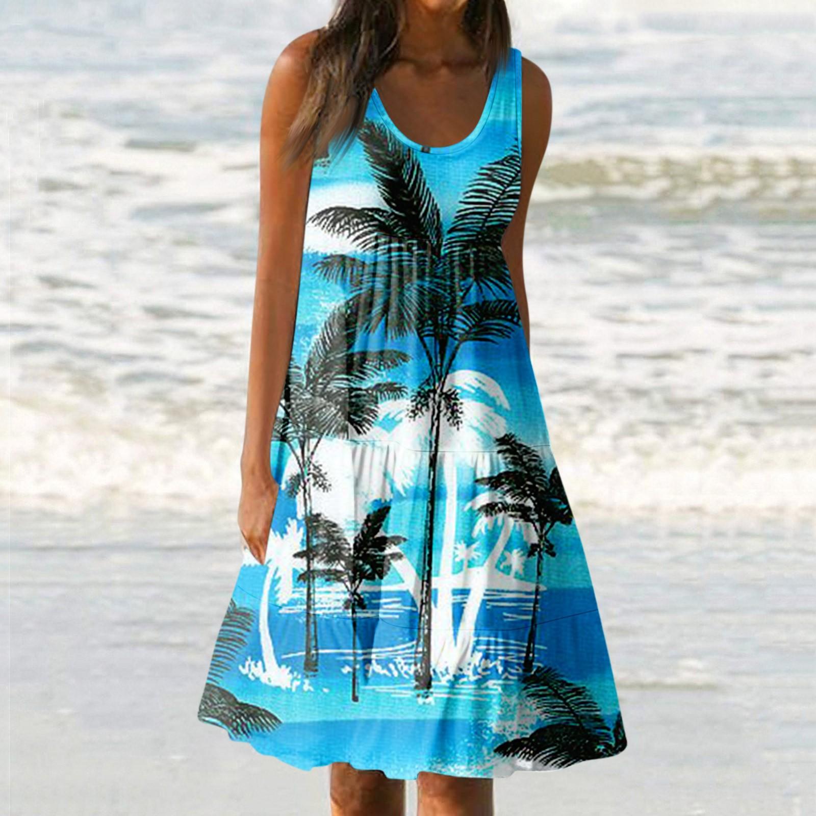 

Женская летняя повседневная свободная пляжная юбка без рукавов с круглым вырезом, модное платье с принтом XL