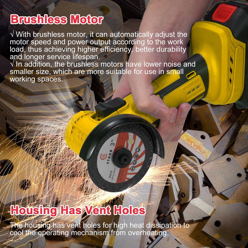 21V 19000rpm Brushless Angle Grinder with 2 Batteries, Portable Cordless Cutting Polishing Grinder, 7 Pcs Sanding