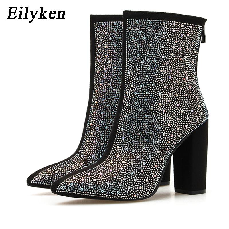 Fashion Eilyken Fashion Sexy Banquet Women's Boots Thick With Shiny Rhinestones Nightclub Square High Heel Zapatos Mujer