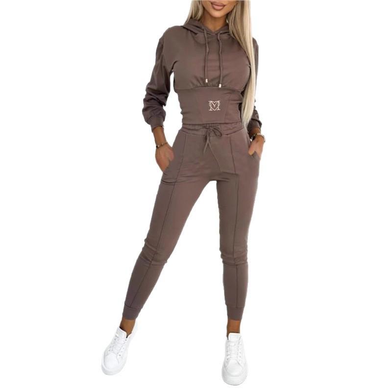 Europese en Amerikaanse nieuwe herfst- en wintertaille slank casual sport met capuchon trui mode pak