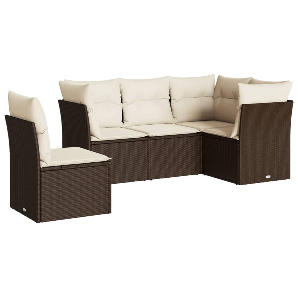 5 Piece Brown Garden Sofa Set with Cushions Poly Rattan
