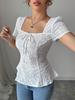 Women's Summer Fashion Elegant Casual Lace Shirt Crew Neck Bow Short Sleeve Top